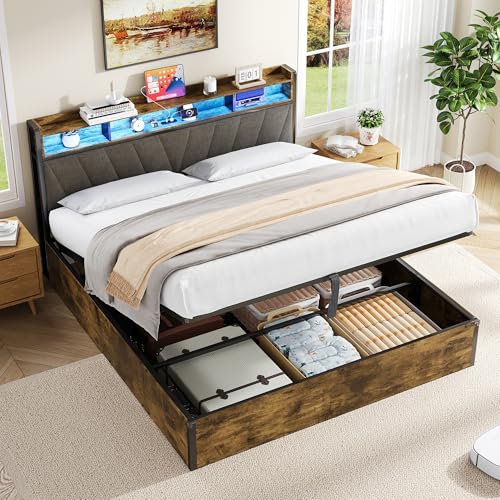 Merax 5ft King Size Ottoman Bed Frame, Upholstered Bed with LED Storage Headboard with Charging Station, USB and Type-C Ports, Linen, Black+Walnut (No Mattress), 150x200 cm