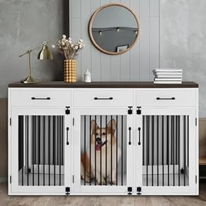Lovupet Wooden Dog Crate Furniture with Lockable Doors, Removable Dividers, and Drawers, Pet Kennel Table for Small/Medium/Large Dogs, V974 Lovupet Wooden Dog Crate Furniture with Lockable Doors Removable Dividers and Drawers Pet Kennel Table for SmallMediumLarge Dogs V974