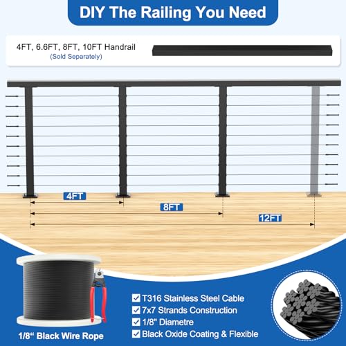 Image of 4FT-8FT Complete Set 36 inch Cable Railing Kit(35 inchx2 inchx2 inch), 2pcs Stainless Steel Black Flat Top Surface Mount Level Posts, 1 /8 inch Wire Rope(No Handrail), Swageless Cable Railing System Kit, MY07-LP