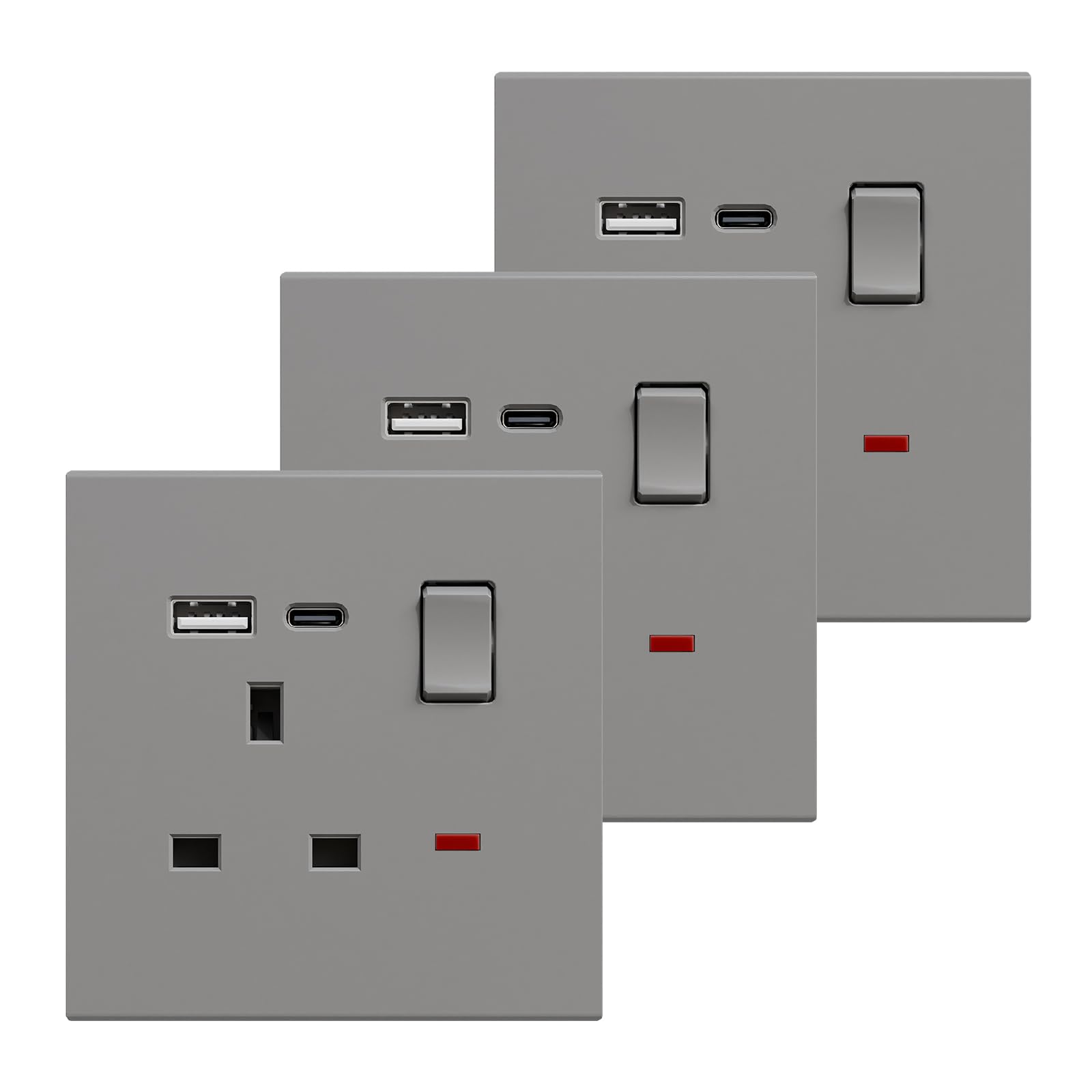 BSEED Single Socket with USB C 3 Pack, Electrical Single Switched Power Plug Wall Socket with LED Indicator, PC Wall Plate Outlet, Grey, 13A