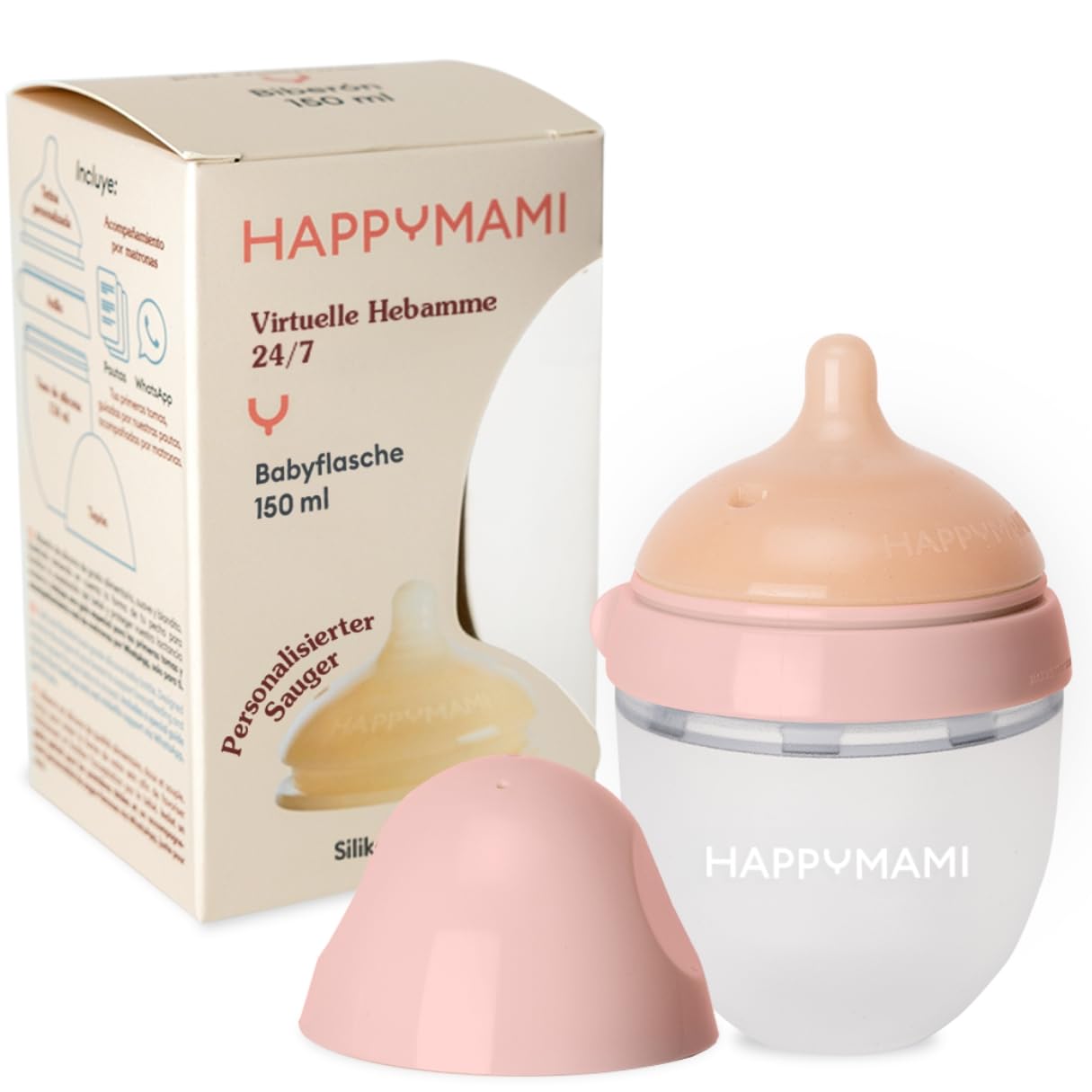 Happymami Babyflasche | Nach deiner Brustform konfigurierbar | 100% Brustähnlich & Anti-Kolik | Schutz vor Saugverwirrung | Lebensmittelechtes Silikon, BPA-Frei & Spülmaschinenfest