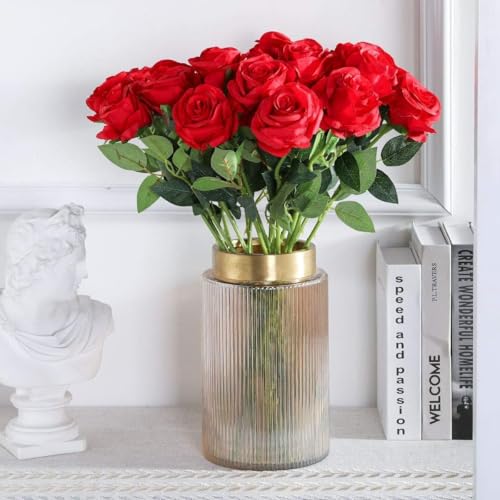 Image of Dekorly Artificial Fake Roses Flowers - 10 Pcs Fake Artificial Roses Silk Flowers with Stems for Home Room Tabletop Wedding Hotel Office Centerpiece Decor | Height 18 Inch (Red)