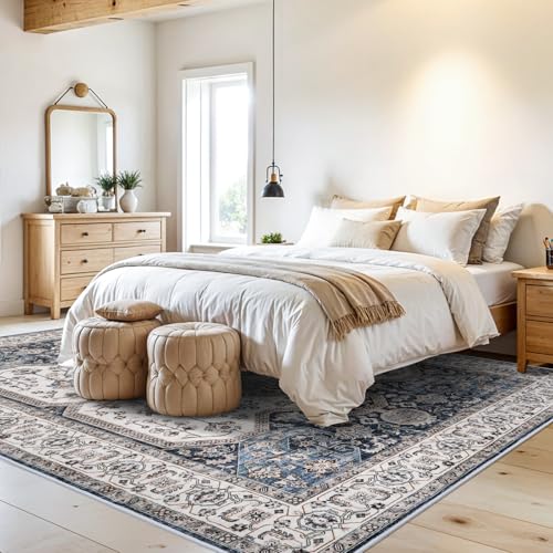 RUUGME Washable 8X10 Area Rug - Soft Area Rugs for Living Room Stain Resistant Carpet Vintage Lightweight Rugs for Bedroom with Non Slip Backing Indoor Ultra-Thin Rugs 8X10 Navy