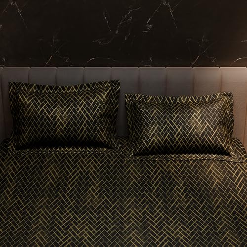 Image of Stoa Paris 300TC UltraSatin Double Fitted Bedsheet Set with 2 Pillow Covers, Gentle on Skin & Hair, Wrinkle & Fade Resistant, Home Decor, Gift for Couple, Starlit Night - Black (152cmx198cm+30cm)