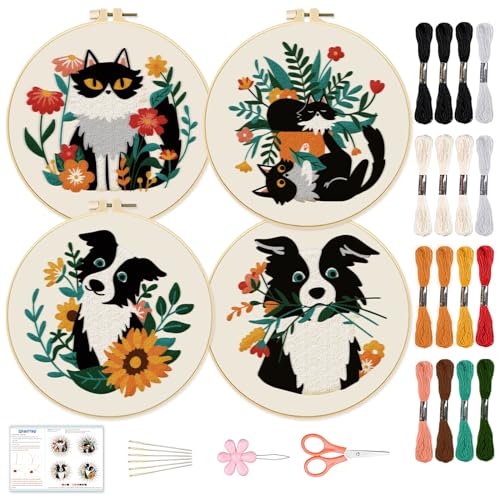 Image of BEUNITONE 4 Set Cat and Dog Embroidery Kit for Beginenrs Hand Sewing Embroidery Kits with Cat and Dog Pattern Needlepoint Kit with Colourful Threads Needles Instructions