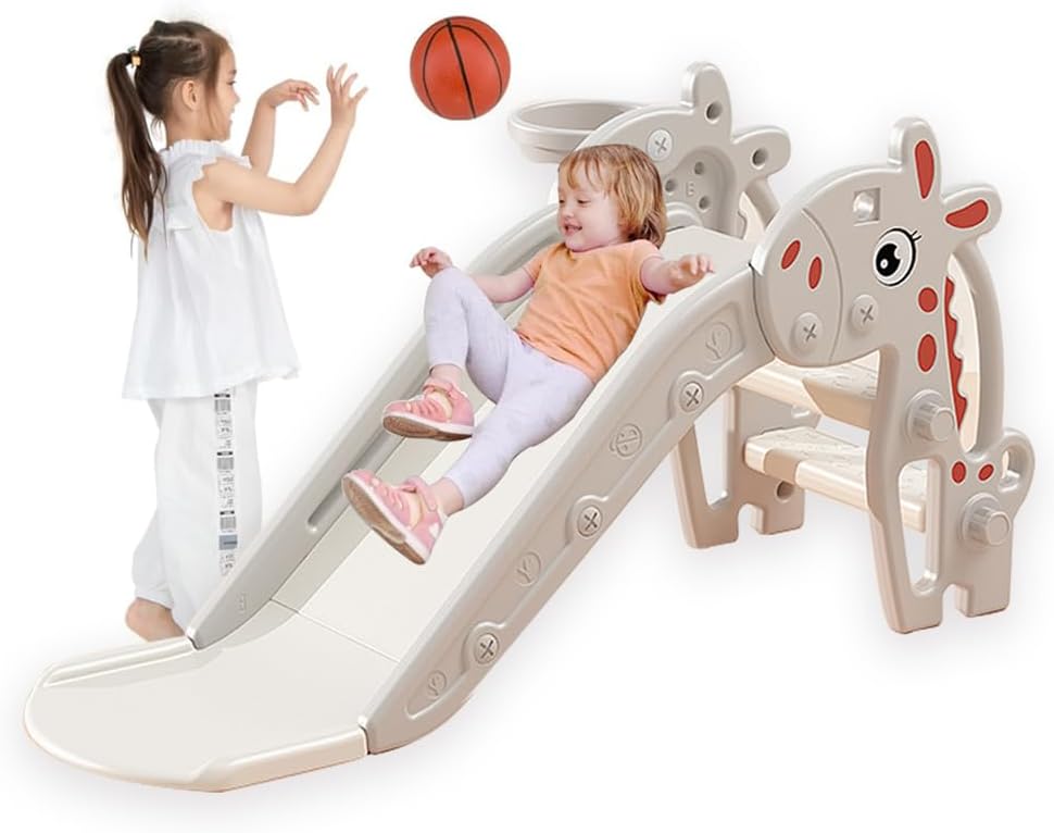 AM ANNA Toddler Slide Climber With Basketball Hoop & Ball, Indoor Outdoor Playset for Kids, Easy Assemble Freestanding With Long Slipping Slope, Grey Gift Present