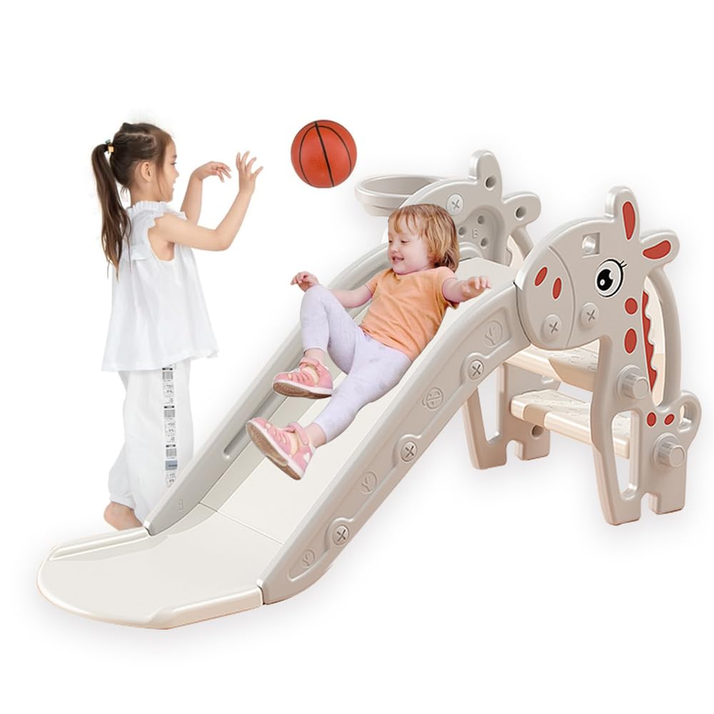 AM ANNA Toddler Slide Climber With Basketball Hoop & Ball, Indoor Outdoor Playset for Kids, Easy Assemble Freestanding With Long Slipping Slope, Grey Gift Present