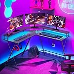 SEVEN WARRIOR L Shaped Gaming Desk with LED Lights & Power Outlets, 50.4” Computer Desk with Monitor Stand, Corner Desk with Carbon Fiber Surface, Gaming Table with Hooks, Black - Image 2