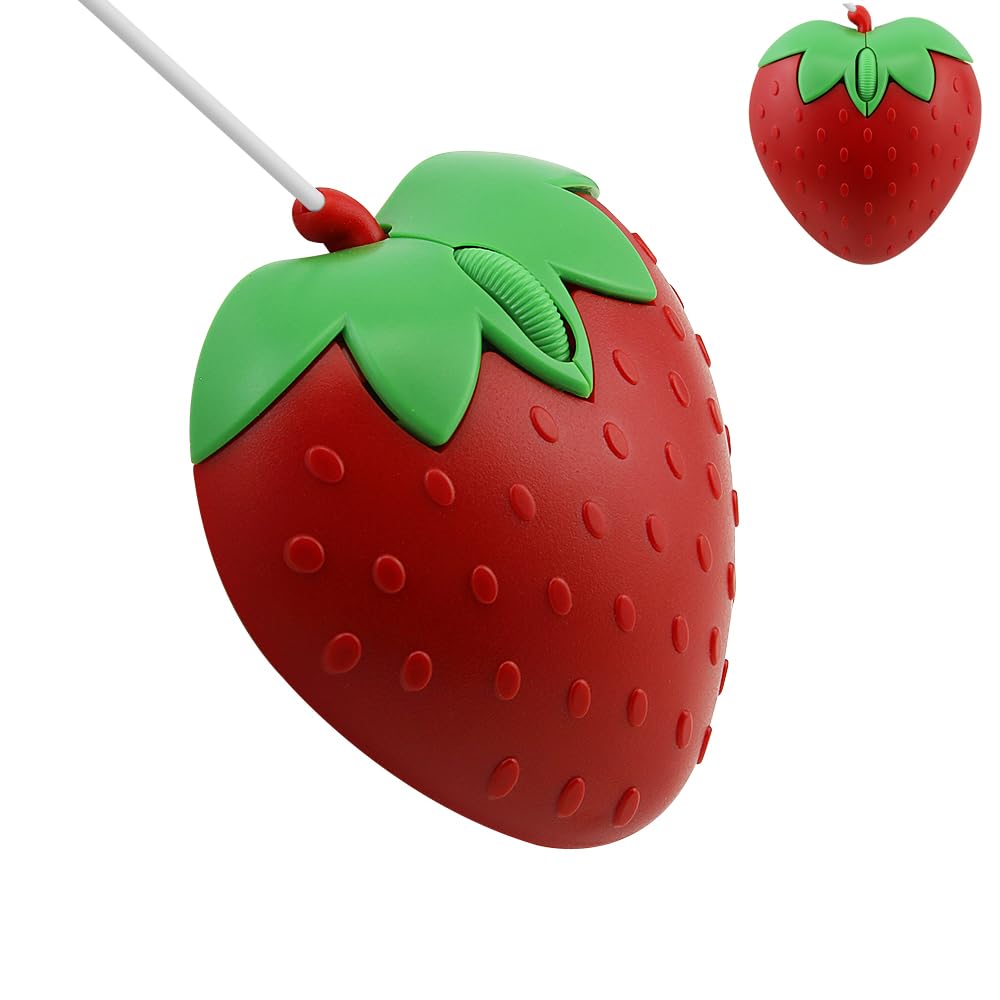 Wired Mouse Cute Red Fruit Strawberry Shape Mice Silent Portable Lightweight USB Girly Optical Corded Mice for Chromebook