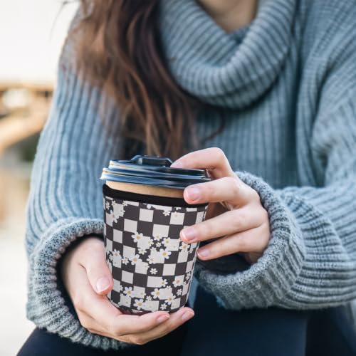 Image of Reusable Insulated Sleeve for Iced Coffee Cup, 3-Pack Coffee Neoprene Drink Sleeve for Cold & Hot Drinks, Beverage Holder for Iced Coffee (Daisy Checker)