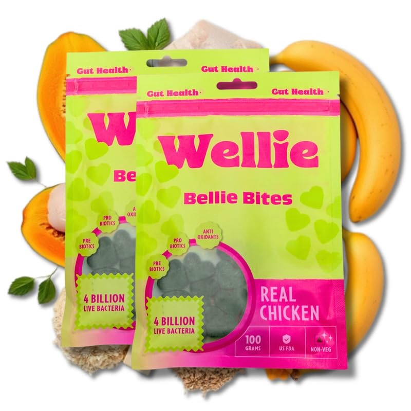 Image of Wellie Bellie Bites Probiotic Dog Treats | Real Chicken Flavor | Prebiotics & Probiotics for Gut Health & Immune Support | 4 Billion CFU | Helps Reduce Gas, Bloating & Bad Breath | 100g x 2