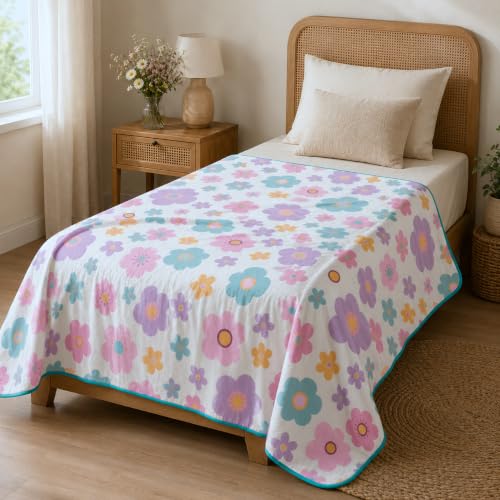 Image of LORETO - A QUALITY LINEN BRAND 100% Cambric Cotton Single Dohar 58 x 88 Inches, 3-Layer Lightweight AC Blanket with Soft Cotton Flannel Filling, Breathable Summer Quilt, Reversible, Candy Flowers