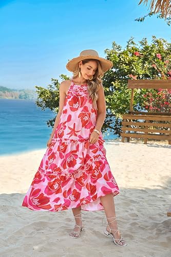 Image of GRACE KARIN 2026 Women's Floral Halter Maxi Dress Boho Summer Beach Sundress with Tiered Ruffle Skirt