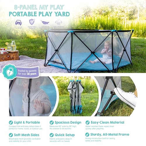 Image of Regalo Safety My Play Deluxe Extra Large Baby Playpen & Portable Play Yard, Foldable 8-Panel Indoor Outdoor Playpen for Babies & Toddlers, Mesh Sides, Washable Nylon Bottom, 62 inch, Aqua /Black