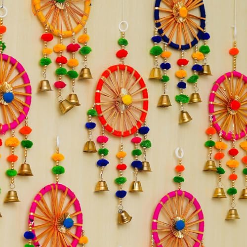 Image of Bindian Pom Pom Ring Bell Chakri Wall Hanging for Home Decor, Pack of 10 Door Hanging Decorative Items, Living Room Accent, Pooja Room Decoration Items, Ganpati, Navratri & Diwali Decor