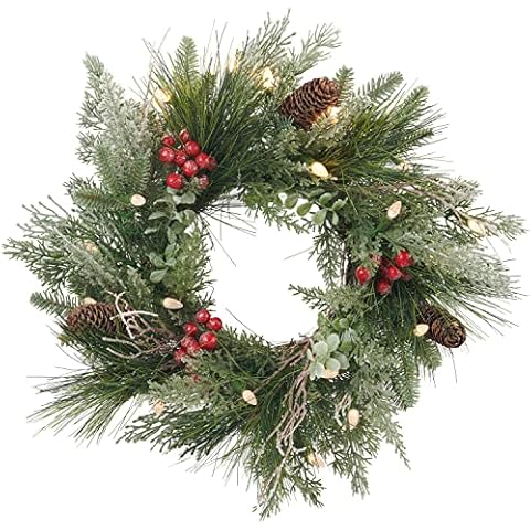 Pre-lit Christmas Wreath for Front Door, Snow Branches, 22 Inch Battery Operated 50 LED Lights, Decorations for Indoor & Outdoor Green Cover