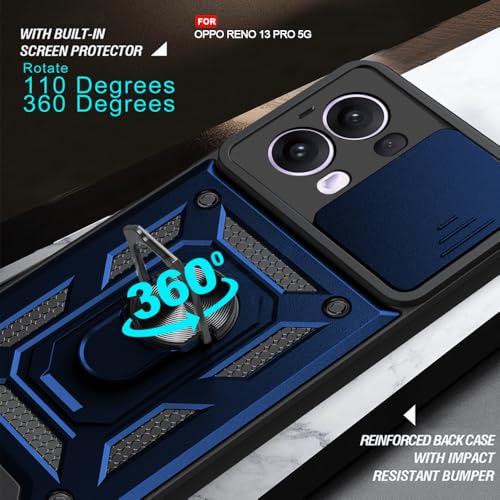 Image of AESTMO Tough Armor Oppo Reno13 Pro 5G Bumper Back Case Cover | Ring Holder & Sliding Camera Cover | 360 Degree Protection Back Case Cover for Oppo Reno13 Pro 5G (Blue)
