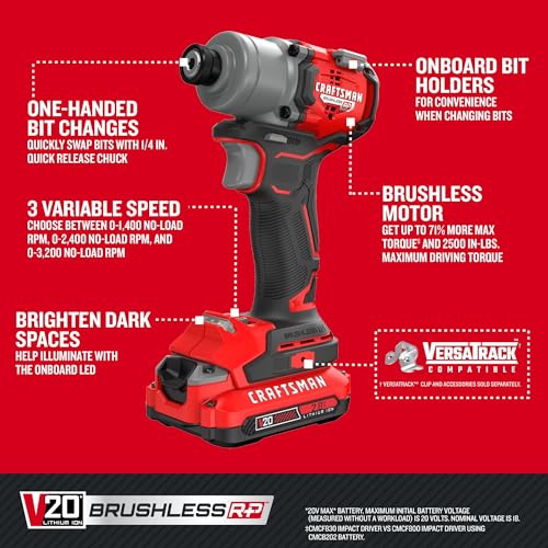 CRAFTSMAN V20 Cordless Brushless Impact Driver Set, 1/4 Impact Driver, Includes 2 Batteries and Charger (CMCF830D2) - image 8