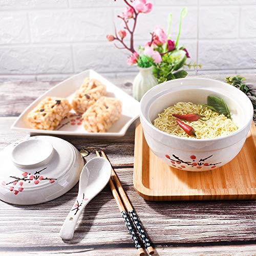 Whitenesser Ceramic Ramen Bowl With Lids, Japanese Large 27.5 Oz Big Ceramic Bowl With Lid For Soup Rice Noodle Ramen And Porridge (Red Flower) #TOP1