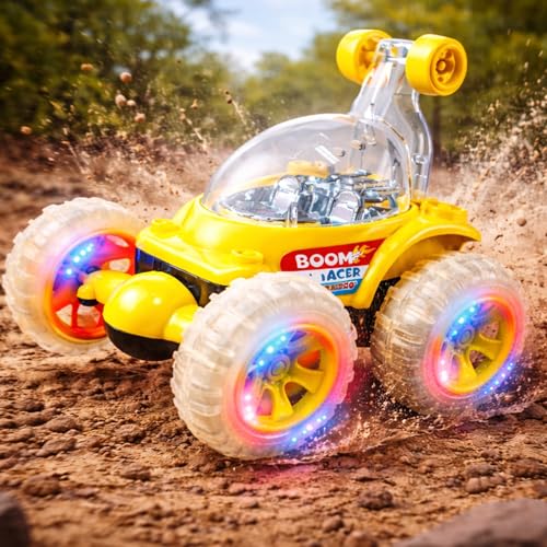 Image of Stunt Car Toy for Kids with 360 Rotation & Flashing Lights | Off-Road Spinning Racing Vehicle with Big Rugged Wheels | Battery Operated Action Car Toy for Boys & Girls (Boom Racer Yellow)