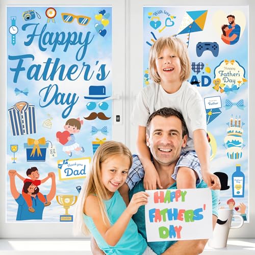 Image of 77 PCS Fathers Day Window Clings, 9 Sheets Blue Fathers Day Decorations, Double-Sided Dad Stickers for Glass Windows with Hearts Roses Patterns, Dad Decorations for Home Store Birthday Party
