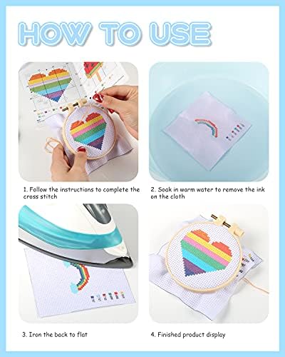 Pllieay Cross Stitch Beginner Kit for Kids 7-13, Includes 6 Project Patterned and 2pcs Embroidery Hoops, 12 Skeins, Needle Point Starter Kit Sewing Set with Instructions