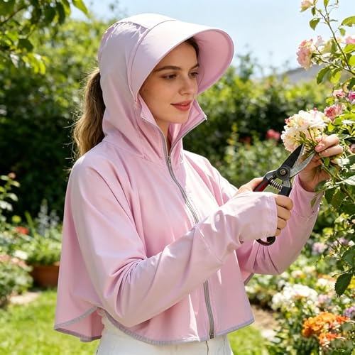 Image of Womens Sunscreen Hoodie Jacket /Shirt UPF 50+ UV Protection from Sun & Pollution with Wide Brim Hat Face Mask Lightweight Full Zip for Outdoor Running Hiking