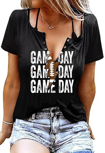 Game Day Women's V-Neck Football Graphic Tees - Funny Game Day Shirts for Teen Girls
