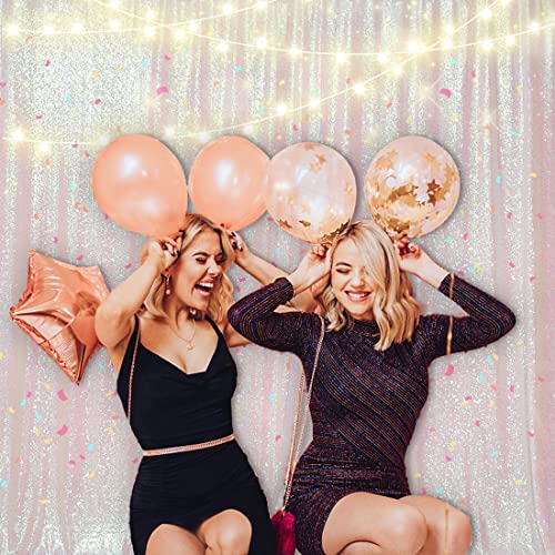 Image of PartyDelight Iridescent White Sequin Backdrop 7x7ft 4 Inch Rod Pocket | Iridescent white 3mm sequins show pink and purple tones under light on mesh backing for photos arches stages and party walls