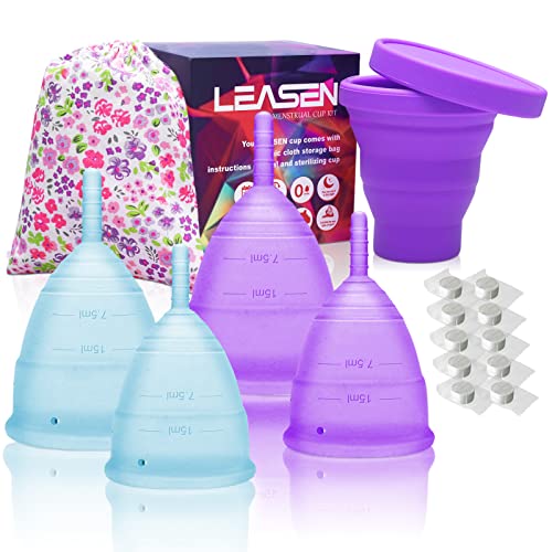Copa Menstrual Kit Suave de Silicona 4 Copas en Talla S y L, Silicona Grado Médico Certificada, Reutilizable, Cómoda y Segura, Multifuncional, Dormir, Trabajo o Deporte