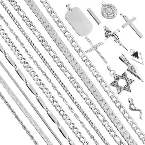 Patelai 20 Pcs Stainless Steel Necklaces for Men Sliver Cross Hexagram Chain Pendant Nail Rose Snake Pendant Chain Necklace Set for Men