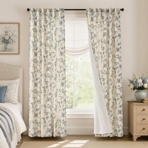 Lazzzy Blue Floral Linen Lined Curtains Rod Pocket 50W X 84L 2 Panels