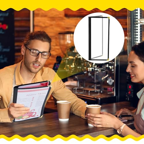 Image of Ziliny 10 Pcs 4.5 x 11 in Transparent Restaurant Menu Covers, Clear Covers | With Metal Corners, Clear PVC Sleeves, Black Folder Menu Book, 2 Page 4 View, For Wine Drinks Coffee Bars Restaurant