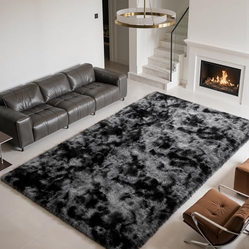 Zentavio Black and Grey Area Rugs for Living Room Large Men Room Carpet 6x9 Bedroom Fluffy Furry Shag Aesthetic Plush High Pile Floor Rug for Kids Room Dorm Home Decor Gray