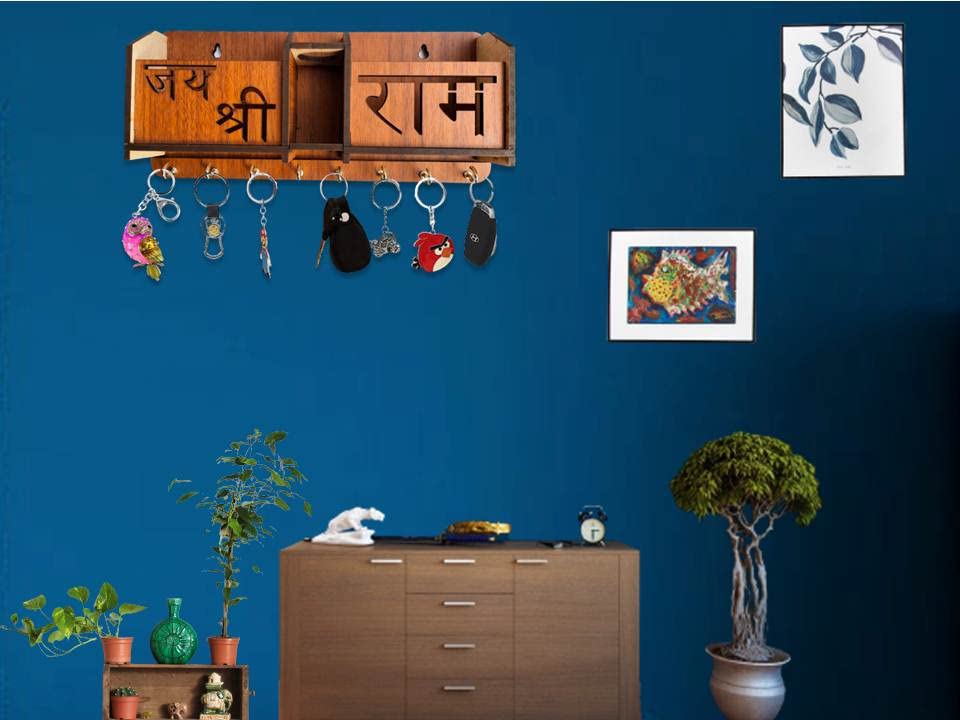 Image of Jai Shree Ram Key Holder Wooden Key Holder Stand for Home Wall, Office, Hall, Living Room, Bedroom Stylish Designer, Home Decor Two Pocket Mobile Charger and Pan Stand 8 Hooks MDF Brown