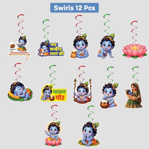 Image of Party Propz Janmashtami Decoration Hanging Swirls with Cutouts for Janmashtami Special Decoration - 12 Pcs Krishna Cutouts Items for Home, Kanha Decorations Items and Festival Decor