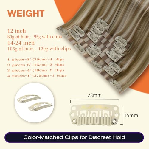 Image of Full Shine Blonde Clip in Hair Extensions, Light Brown Highlight | Human Hair Clip ins, 18 Inch 120g 8 Pcs, Seamless PU Weft, Straight Texture, Added Length and Volume, Natural Blend