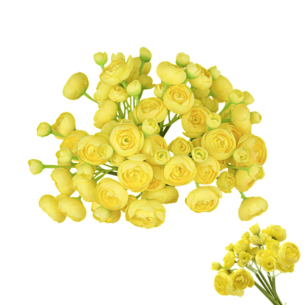 DODXIAOBEUL 18pcs Mini Ranunculus Artificial Flower 11 inch Silk Ranunculus Flower Bouquet Bridal Shower Filler Flowers for Home Centerpieces Arrangements Wedding Engagement Decorations,Yellow