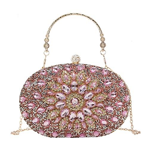 Multicolor Rhinestone Women Evening Clutch Pearl Purse - Bridal Sparkly Diamond Bag Crystal Wedding Prom Handbags (Pink Clutch)