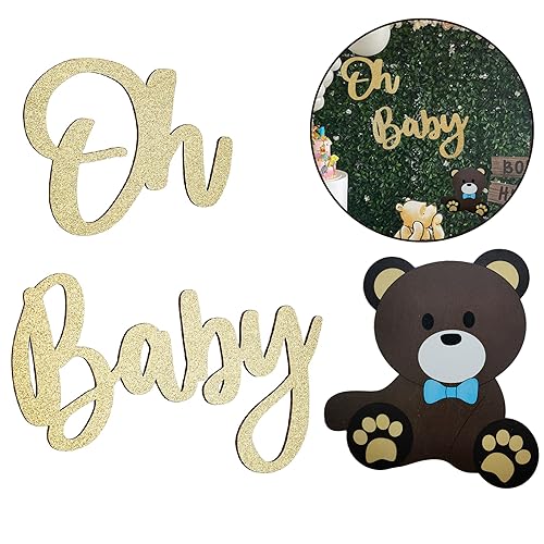 Oh Baby Sign Gold Decor for Gender Reveal Decorations, Baby Shower Decorations for Boy Girl Wooden Teddy Baby Shower Signs for Backdrop Banner Wall Announcement props Gender Reveal Party Photo