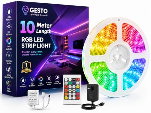 Image of Gesto 10 Meter RGB LED Strip Light with Adaptor,600 LEDs 5050 Multicolor Strip with 16-Mode Remote Control & Adhesive,LED Strip for TV,Gaming Setup,Ceiling,Bedroom,Party,Diwali & Home Decoration