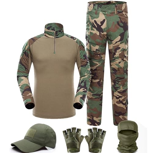 VPZenar Tactical Suit Combat Pants and Shirt Cap Balaclava Gloves Set WL Woodland Camo Uniform Mens Airsoft Gear