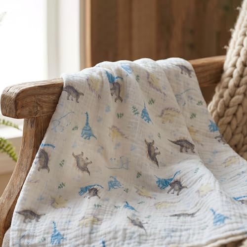 Image of Muslin Receiving Blankets, Neutral Blanket Swaddling for Newborn Boys and Girls, 5 Pack Breathable and Skin-Friendly Swaddle Wrap for Infant Baby (Blue Dinosaur)