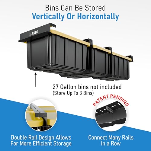 Image of USA Based Overhead Garage Storage Rack, Connectable Heavy Duty Metal Ceiling Rails Garage Storage Organization Shelving System, Hanging Racks Tote Containers, Supports Up To 3 Bins, 2 Sets Black