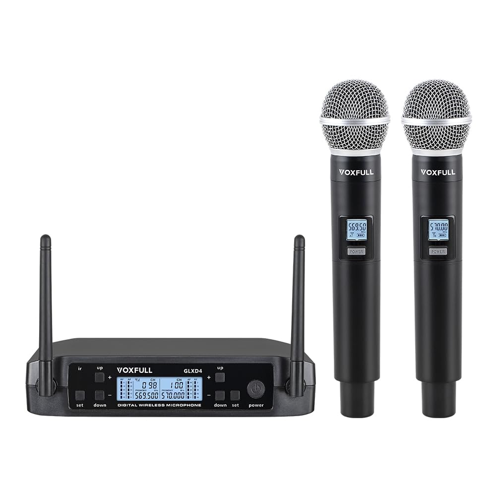 VOXFULL Wireless Microphone System Dual Wireless Mics, 2 Handheld Dynamic Microphones, Adjustable UHF Channels, 164ft Range,Wireless Microphones for Karaoke(GLXD4)