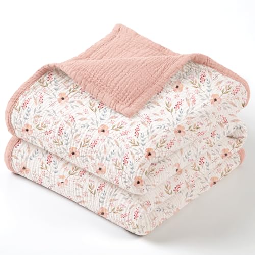Image of lulumoon Muslin Baby Blanket for Girls - Soft Cotton for Newborn - 4 Layer Reversible Breathable Floral Receiving Blanket for Nursery Crib and Stroller 47 inchx47 inch (Pink Flower)