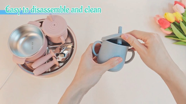 CLDY 4-teiliges Baby Geschirrset Mit Saugnapf – 2 Edelstahlschüsseln, 2 Löffel, BPA-frei, Blau+grün
