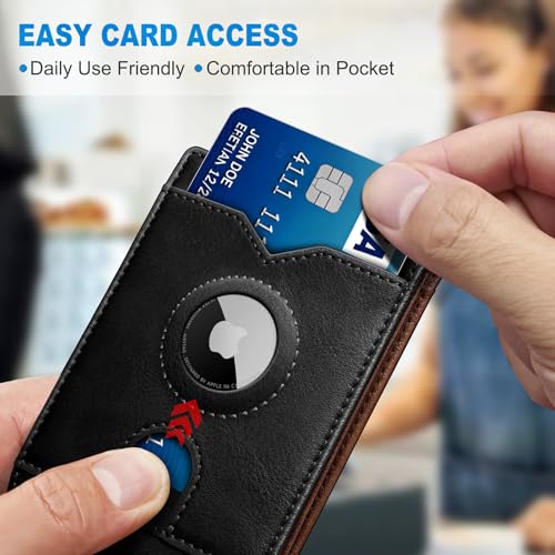 Image of miyozi AirTag Wallet for Men, Slim Leather Bifold with Holder Slot, 2 ID Windows & 13 Card Slots, RFID Blocking Front Pocket Wallet with Gift Box