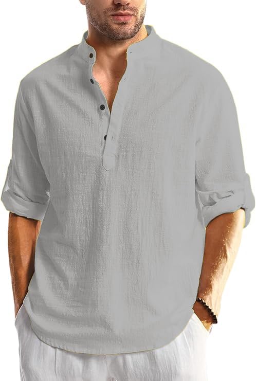 Image of Men's Full Sleeve Beige Color Cotton Blend Mandarin Slim Fit Shirt Style Kurta for Men and Boys