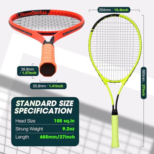 Image of AboveGenius 27 inch Tennis Racket Set,2 Pack Adult Tennis Racquets for Beginners & Intermediate,Pre-Strung 105sq in Oversized Head,Include 3 Balls, 2 Overgrips & Carry Bag for Women & Men (Yellow /Orange)